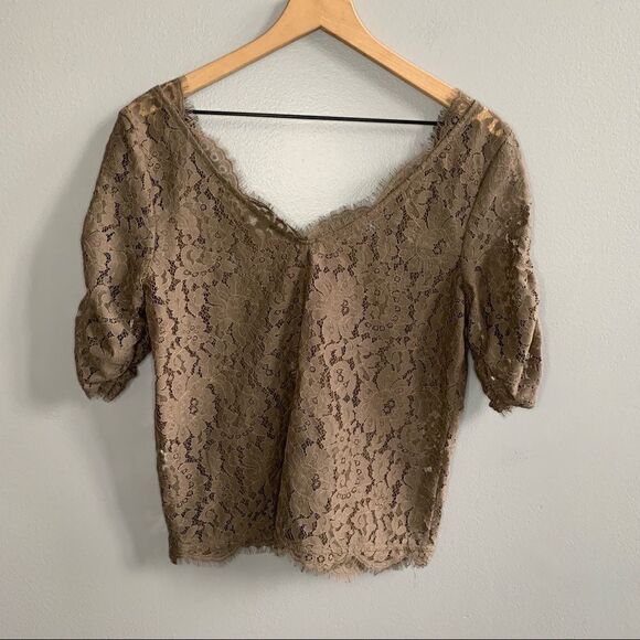 Joie Nevina Sheer Lace Blouse Top Small Tan Brown - Picture 6 of 12